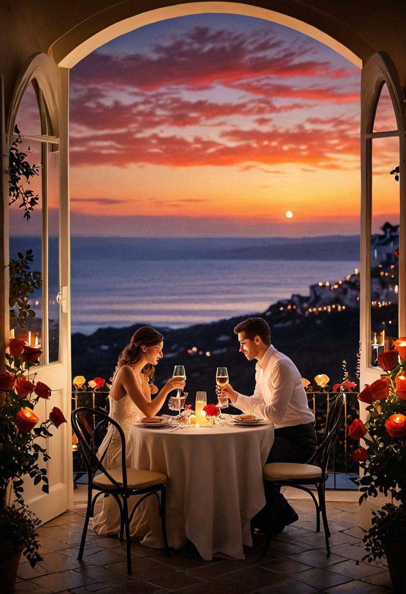 A candlelit dinner setting for two under a starlit sky, featuring a beautifully arranged table with roses and wine glasses, soft warm lighting creating a romantic ambiance. In the background, silhouettes of a couple embracing, radiating warmth and affection. Elements like heart-shaped decorations and subtle sparks of light enhance the passion. painting. warm colors. dreamy atmosphere.