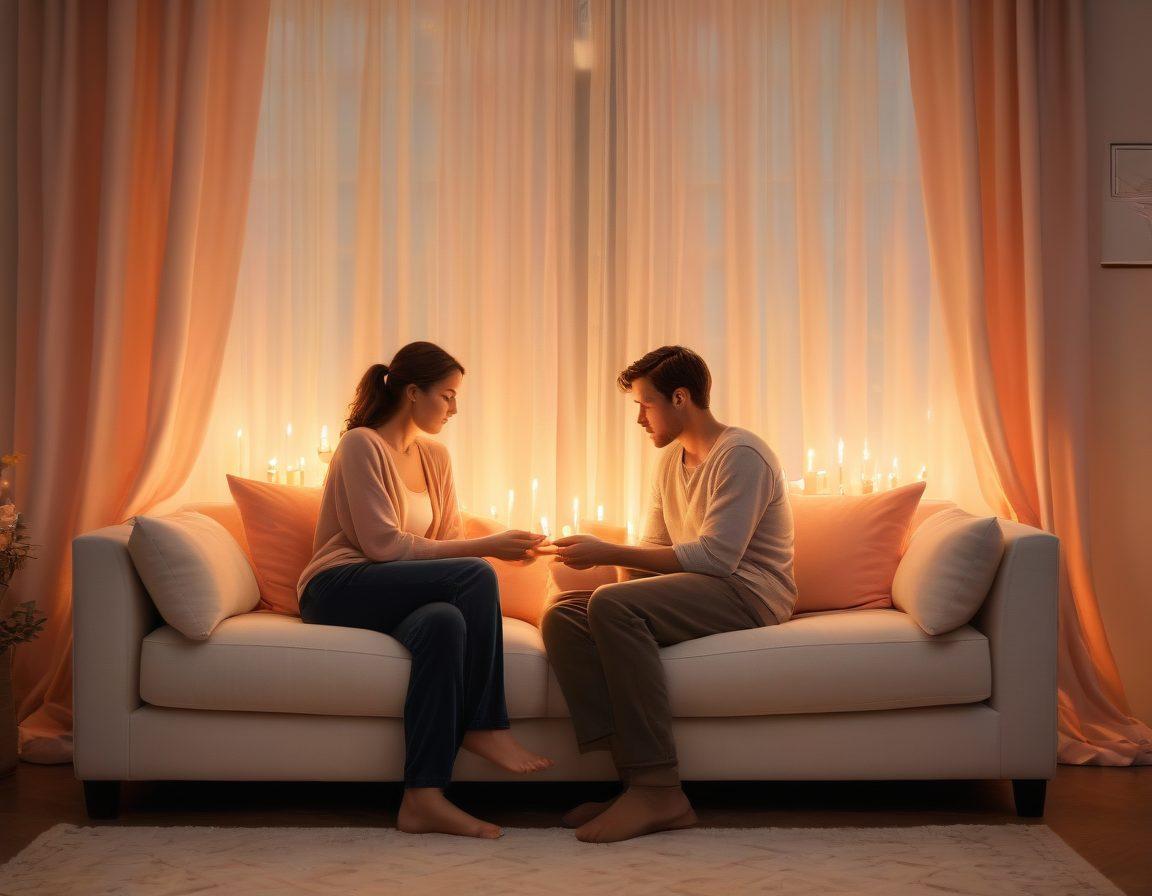 A warm and inviting scene featuring two people sitting on a cozy couch, sharing an intimate moment with soft candles glowing around them, a heart-shaped flame in the center symbolizing deep emotional connection. The background should have gentle, flowing curtains and soft pastel colors to enhance the warmth of the moment. super-realistic. warm color palette. soft focus.