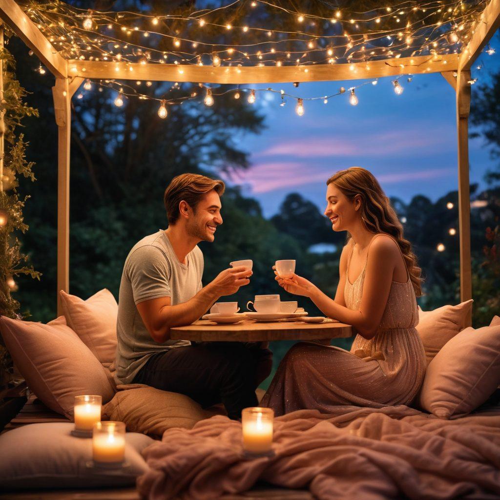 A warm, intimate scene of a couple sitting together under a canopy of twinkling fairy lights, engaged in deep conversation with smiles, surrounded by soft cushions and a low table with tea cups. The background features a gentle twilight with a hint of stars, symbolizing connection and commitment. Focus on the warmth in their expressions and the cozy atmosphere. super-realistic. vibrant colors. romantic ambiance.